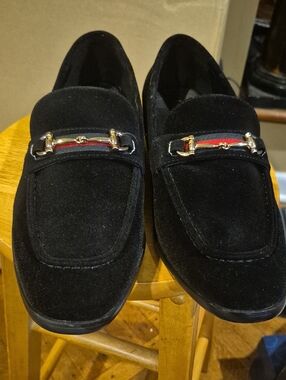 NEW---Black Suede Men's Slip-On Loafers with Gold Bit and Red/Green Accent
